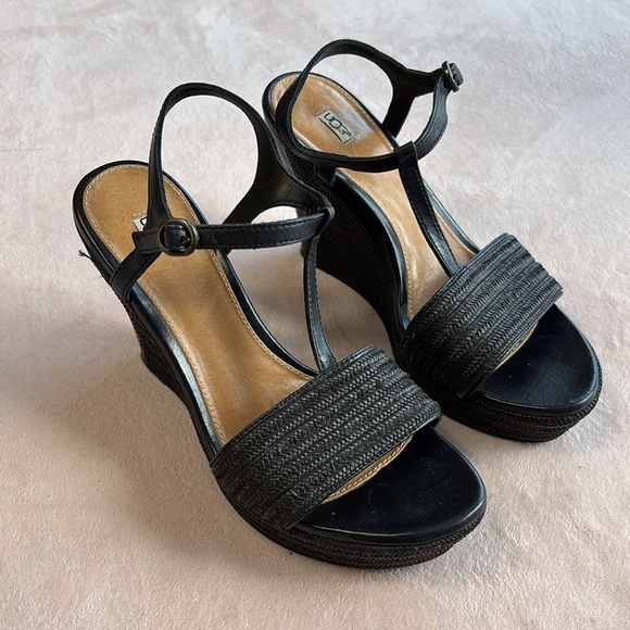 UGG Fitchie T strap Wedge Sandals Black Size 8.5 - Picture 3 of 8